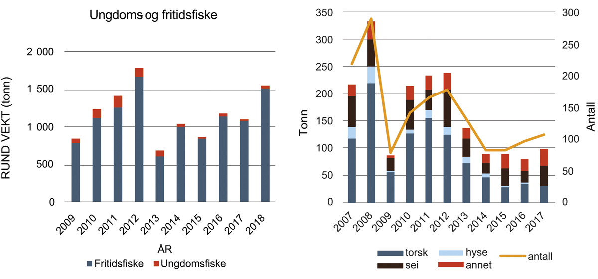 Figur 4.22 Ungdoms og fritidsfiske av torsk i tonn 2008–2017 og ungdomsfiske i Råfisklaget 2007–2017.