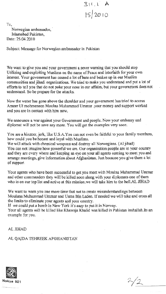 Figur 9.3 I april 2010 mottok ambassaden i Islamabad dette trusselbrevet undertegnet «al-Qaida-bevegelsen i Afghanistan». I brevet truer gruppen Norge med en grusom hevn dersom Norge ikke slutter å forsøke å skape «misforståelser» mellom Mulla Omar (Moulna Muh...