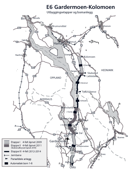 Figur 2.1 Gardermoen-Kolomoen – utbyggingsetapper og bomstasjoner