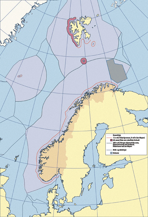 Figur 11.3 Kartet viser sjøterritoriale soner for Norge med Svalbard,
 Jan Mayen og Bjørnøya.