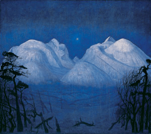 Figur 16.1 Rondane nasjonalpark ble vernet i 1962 som landets første
nasjonalpark. Harald Sohlbergs maleri ”Vinternatt i Rondane” forteller mer
enn ord om den tilknytningen mennesket har til natur, og hvilke
verdier som ligger til grunn for opprettelsen a...
