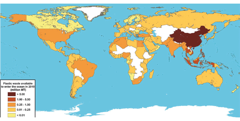 Figur 6.2 Kart som indikerer hvor det er størst problemer med håndtering av plastavfall med risiko for at det tilføres havet. Land som er markert med hvitt inngår ikke i datagrunnlaget. Data fra 2010.