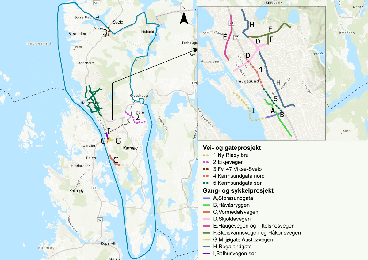 Figur 2.1 Lokalisering av store vei-/gateprosjekter (1–5) og gang- og sykkelveiprosjekter (A-I)