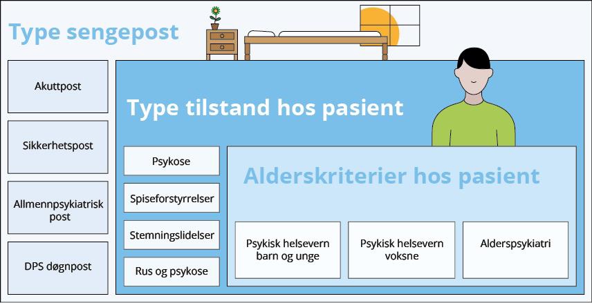 Figur 3.14 Ulike prinsipper for tematisk organisering av døgnbehandling i psykisk helsevern.