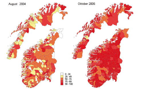 Figur 4.1 Estimert dekning i prosent blant huslydane fordelt på kommune
per august 2004 og oktober 2006.