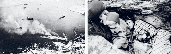 Figur 4.6 Til venstre: Fra kampene mellom britiske og tyske sjøkrigskrefter på havnen i Narvik 10. april 1940. Til høyre: Narvik under tysk flyangrep 1. juni 1940: Innbyggerne rømte byen og gjemte seg i fjellsprekker og huler. Her er en 5 år gammel jente samme...