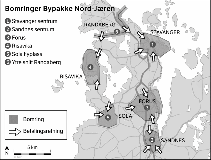 Figur 6.1 Bypakke Nord-Jæren – soner/snitt for bompengeinnkrevjing