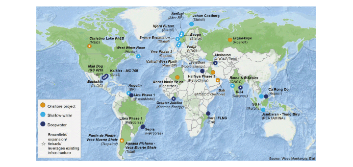 Figur 11.15 Store sanksjonerte olje- og gassutbyggingsprosjekt globalt i 2017 (Wood Mackenzie, Esri)