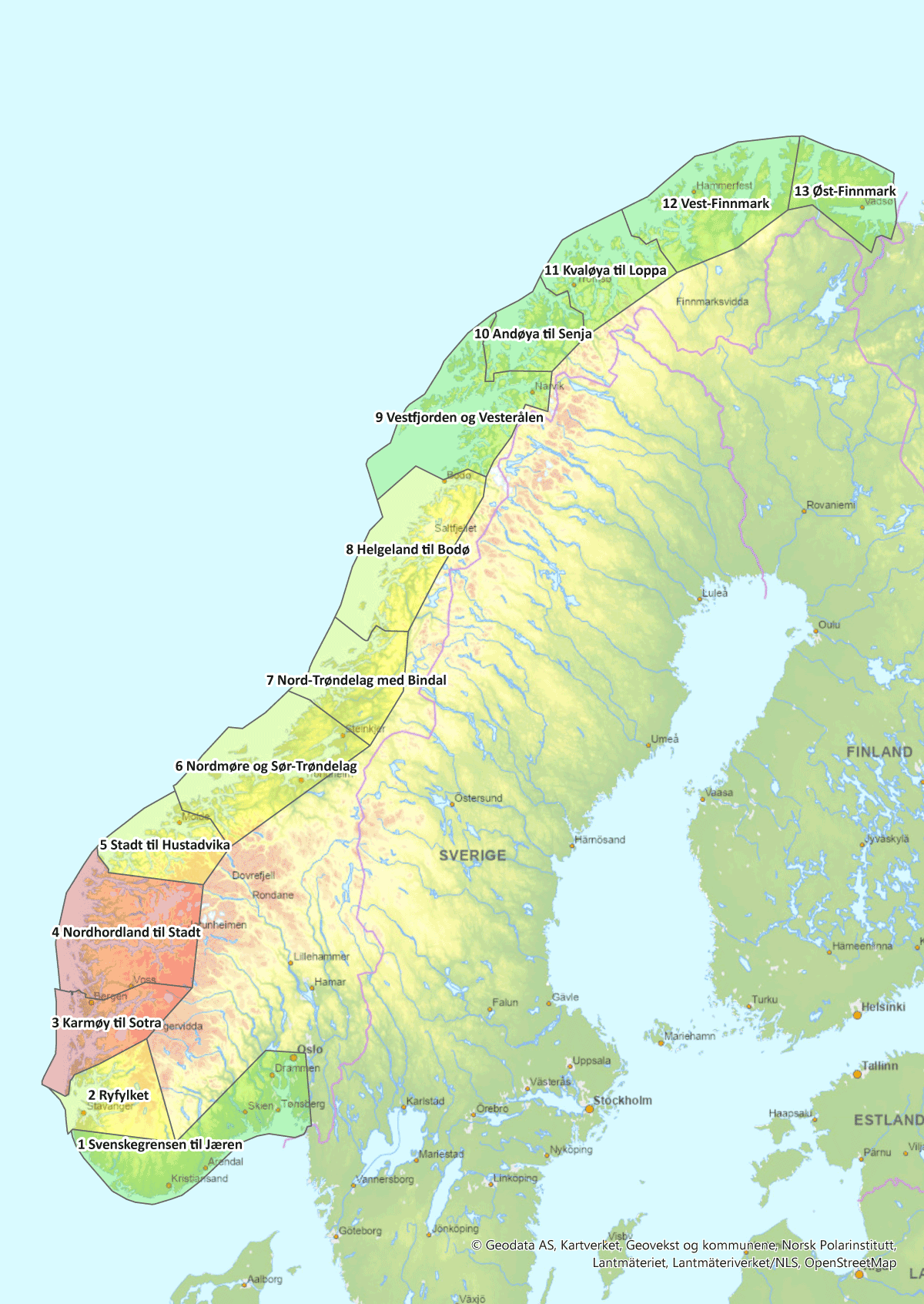 Figur 4.1 Fordeling av de 13 produksjonsområdene for produksjon av laks, ørret og regnbueørret, samt vurderingen av produksjonsområdenes miljøpåvirkning i 2024.1