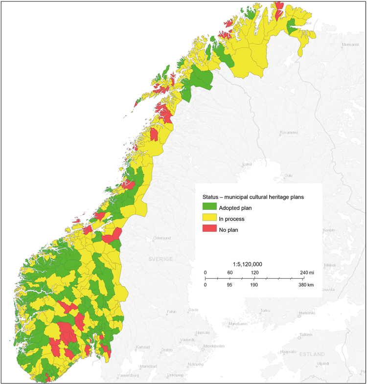 Figure 9.11 Map showing the status for municipal cultural heritage plans in Norway.