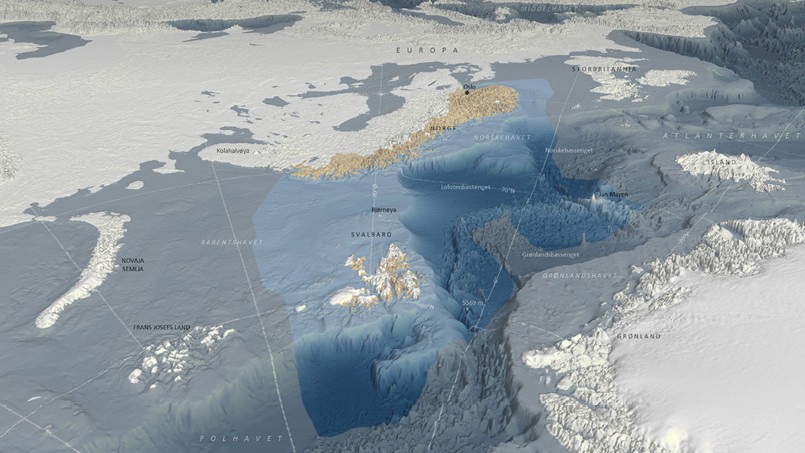 A map showing the Norwegian coast and maritime areas, including the seabed.