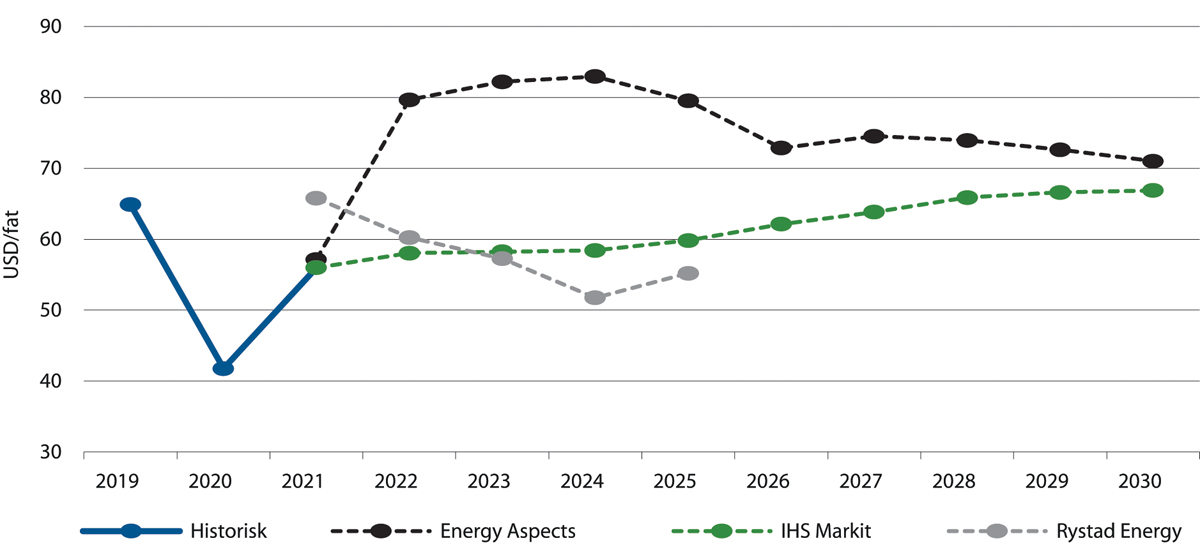 Figur 5.24 Ulike analysemiljøers anslag for oljepris mot 2030, USD/fat.