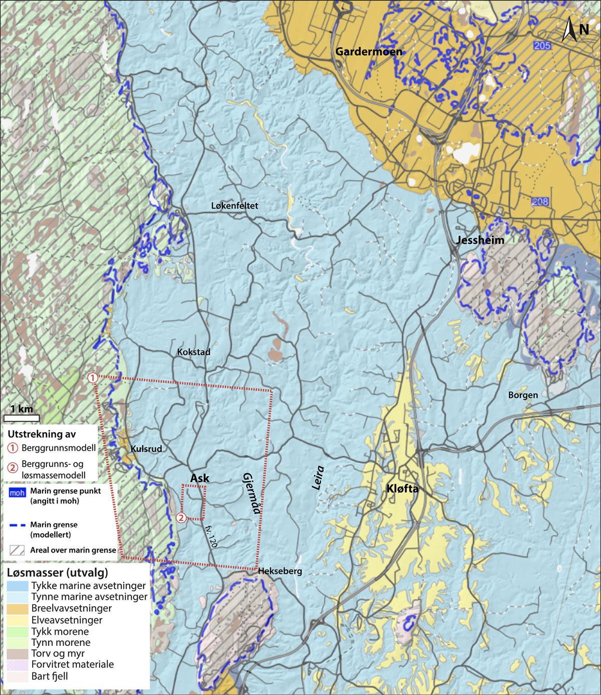 Kvartærgeologisk kart med marin grense for deler av Romerike. Ma-rine avsetninger består i hovedsak av leire, men inneholder også andre løs-massetyper. Området er kartlagt av (Østmo & Olsen, 1978) og (Longva & Østmo, 1986), se NGU (2021c) for mer detaljer på kartet.