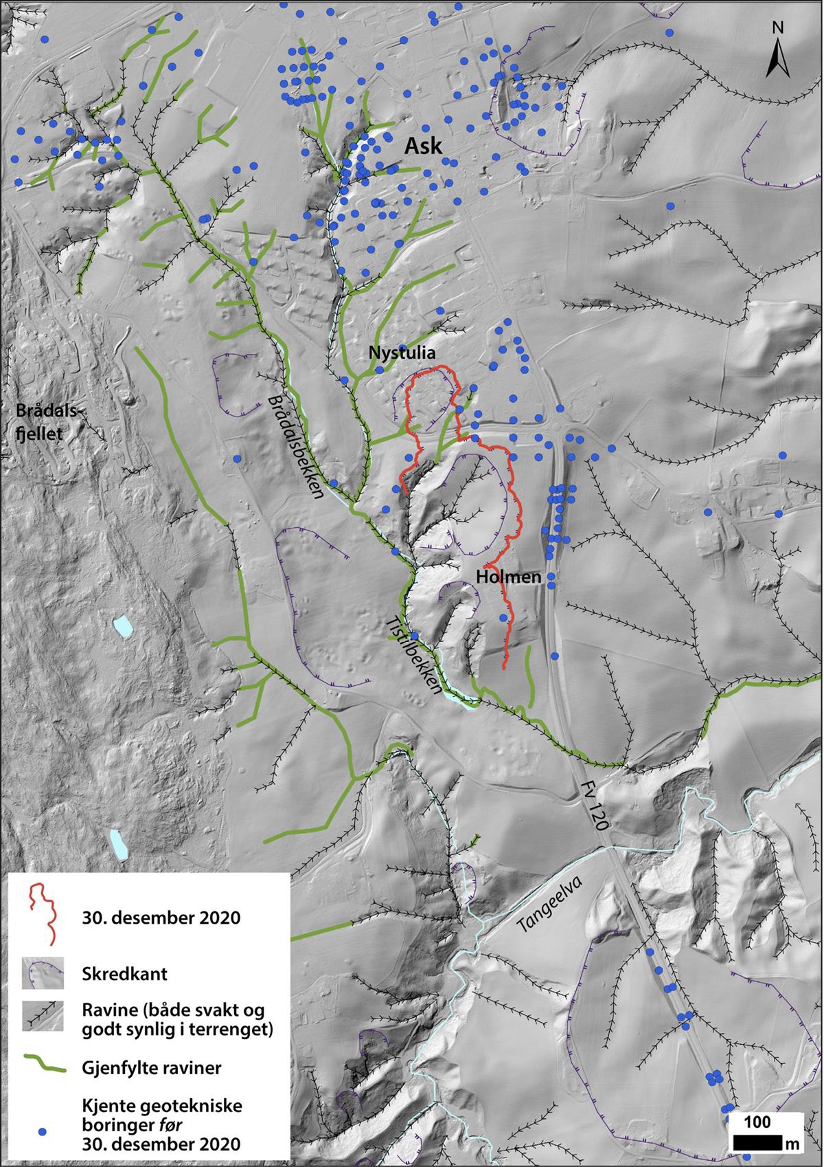 Raviner og skredkanter i Ask-området kartlagt av NGU basert på terrengmodeller distribuert av (Kartverket, 2021). Landformene samt kjente geotekniske boringer fra før skredet 30. desember 2020 er vist. Tidligere ra-viner og bekkeløp som er lagt i rør og/eller bakkeplanert er markert. Disse er kartlagt ved hjelp av flyfoto fra ulike år.