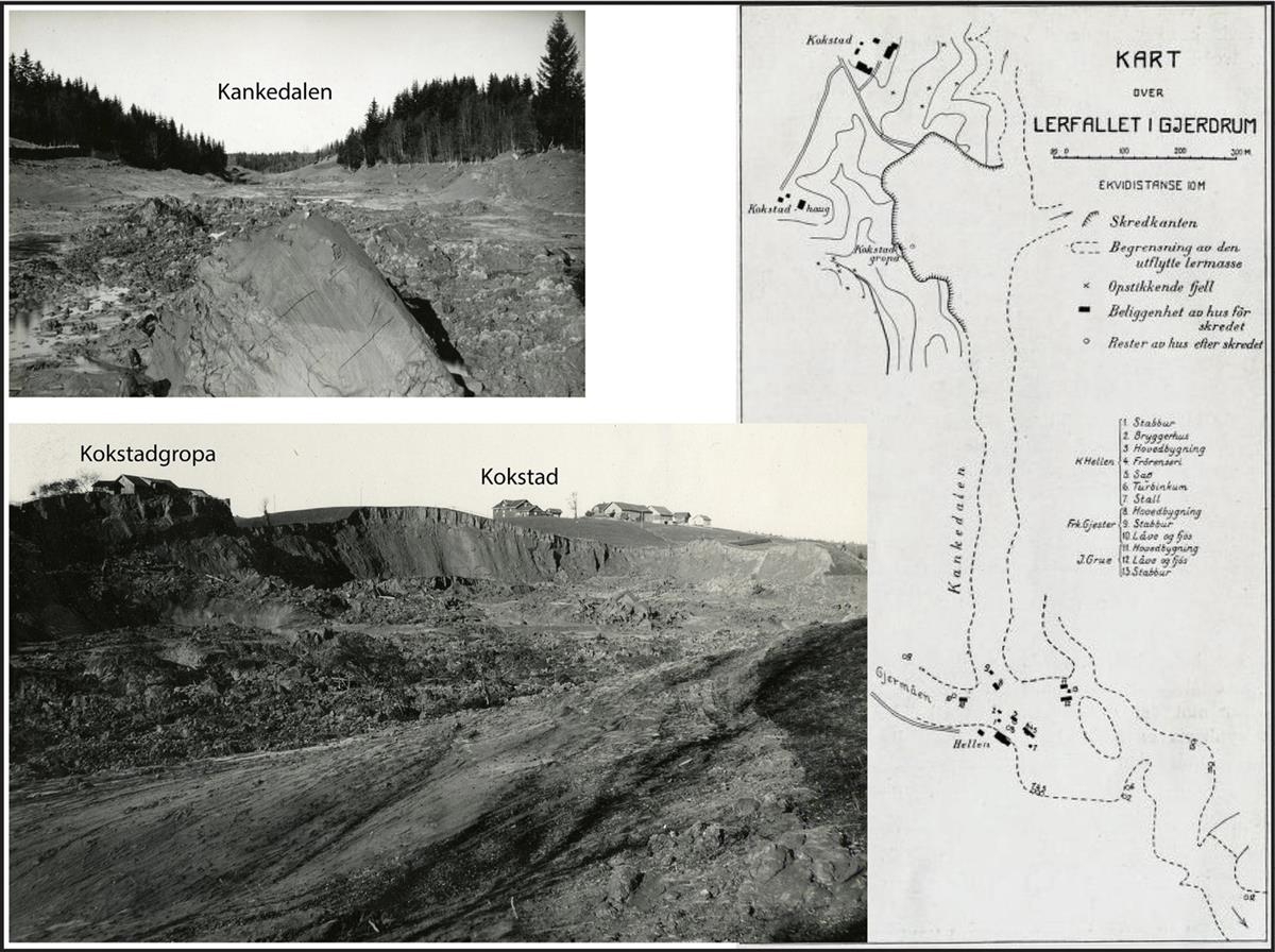 Kart og foto over skredet ved Kokstad i 1924. Skredkantene mot Kokstadgårdene var bratte. Skredmassene fylte Kankedalen. Modifisert fra (Holmsen, 1929)