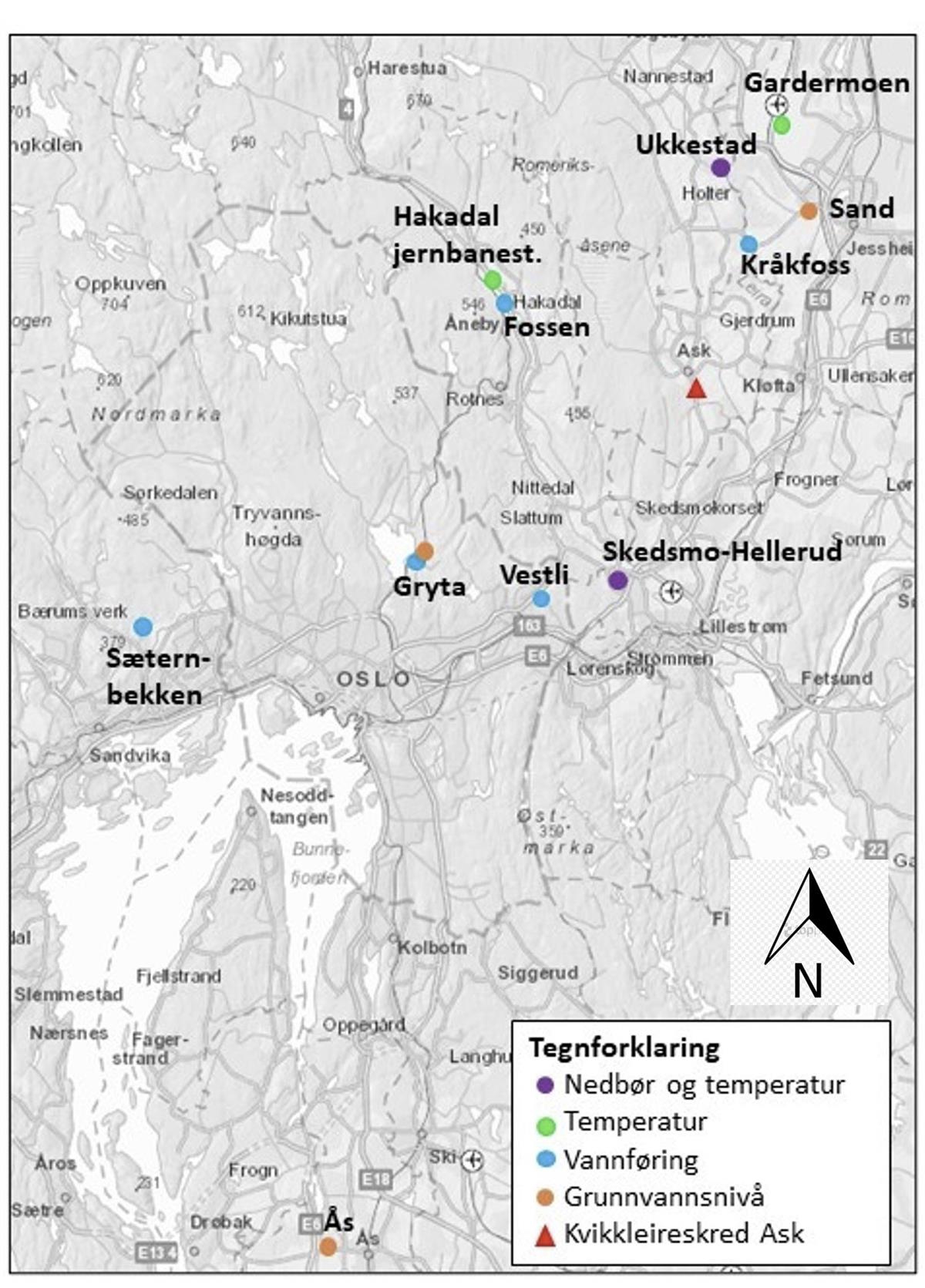Oversiktskart som viser plassering av målestasjonene som er brukt i analysene i den hydrometeorologiske rapporten. Området ved Ask er markert med rødt (NVE, 2021)