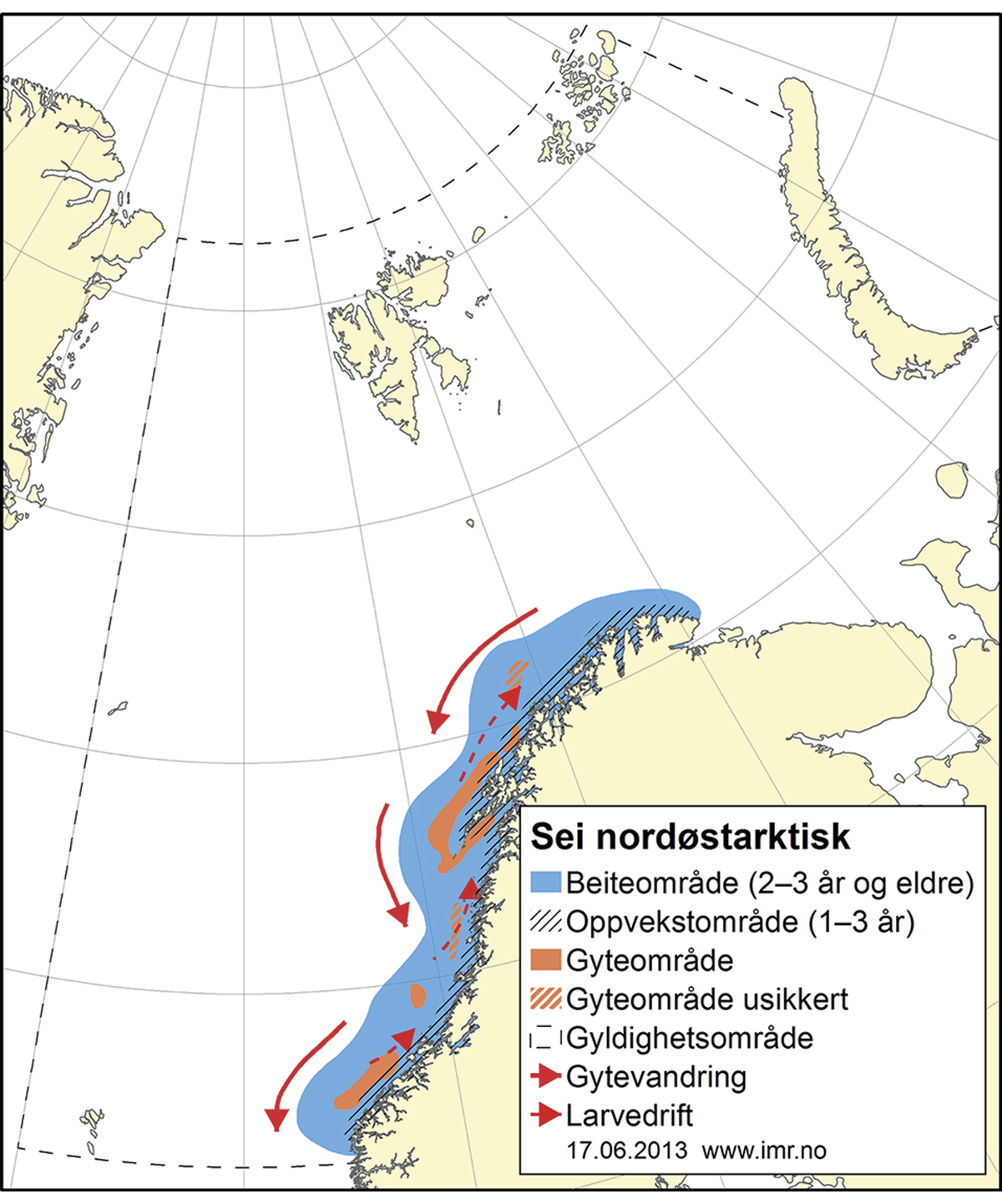 Figur 4.12 Utbreiingsområde og gyteområde for nordaustarktisk sei.