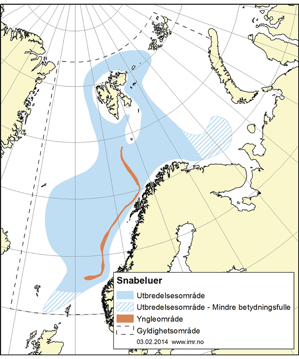 Figur 4.18 Utbreiingsområde og gyteområde for snabeluer.