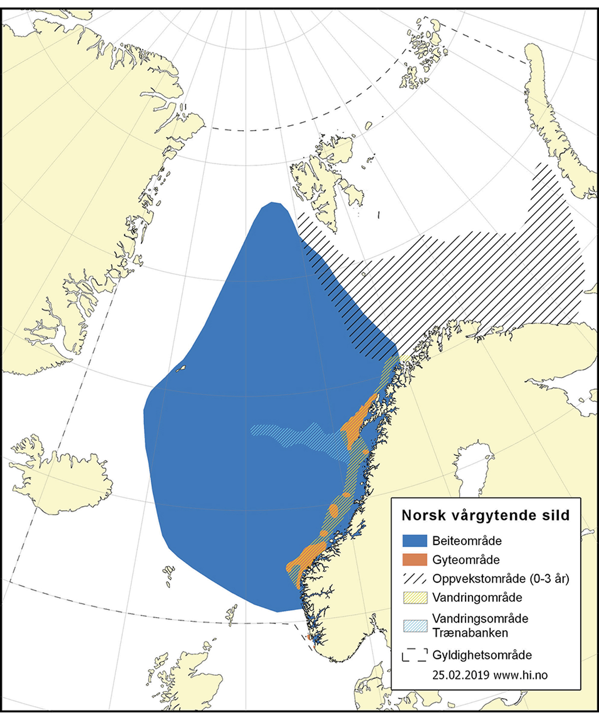 Figur 4.27 Utbreiingsområde og gyteområde for norsk vårgytande sild.