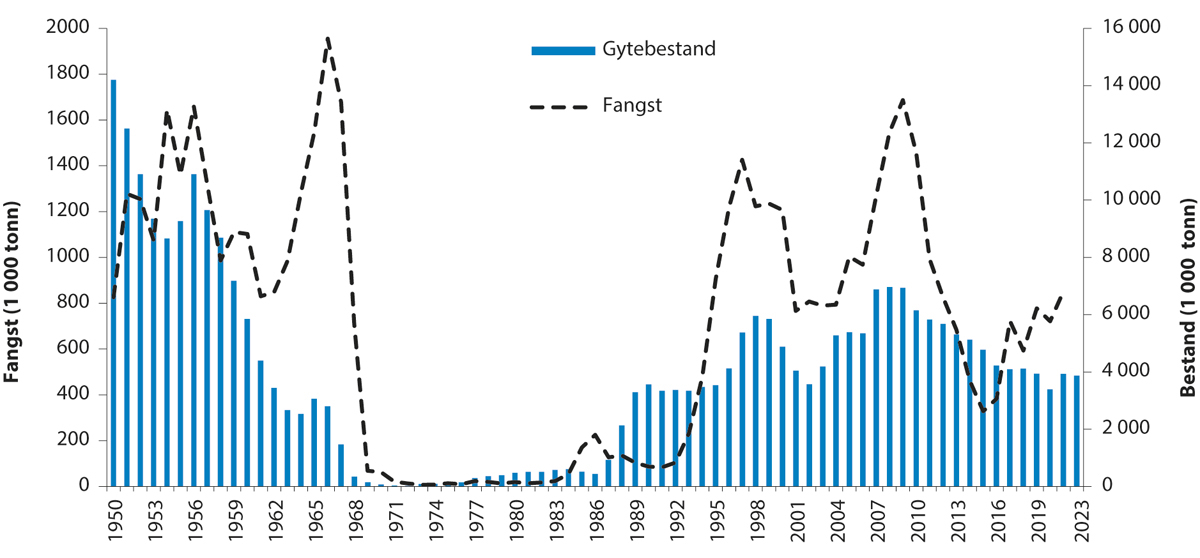 Figur 4.28 Utviklinga i bestand og fangst av norsk vårgytande sild.