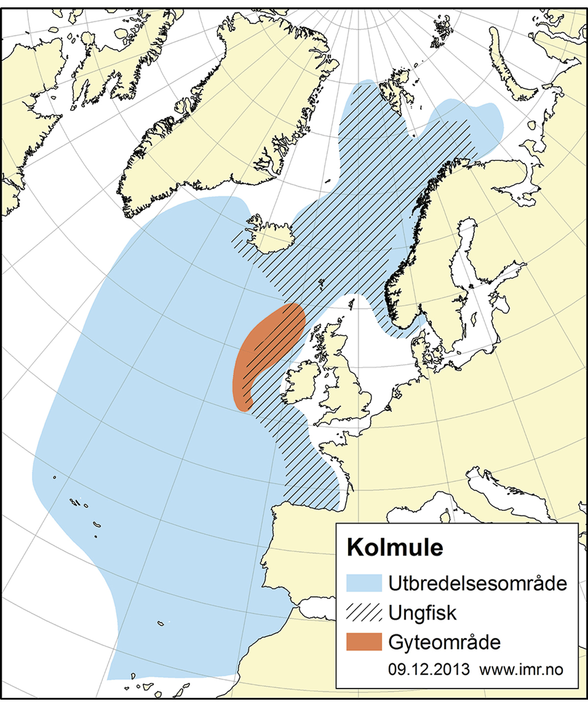 Figur 4.33 Utbreiingsområde og gyteområde for nordaustatlantisk kolmule.