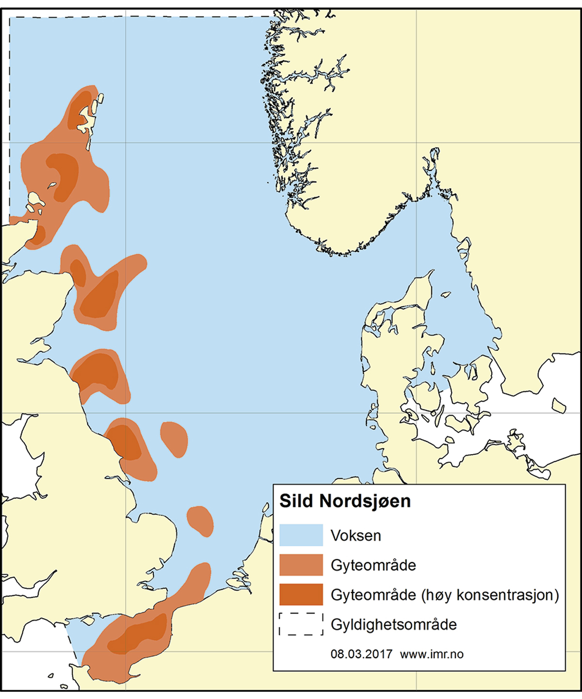 Figur 4.39 Utbreiingsområde og gyteområde for nordsjøsild.