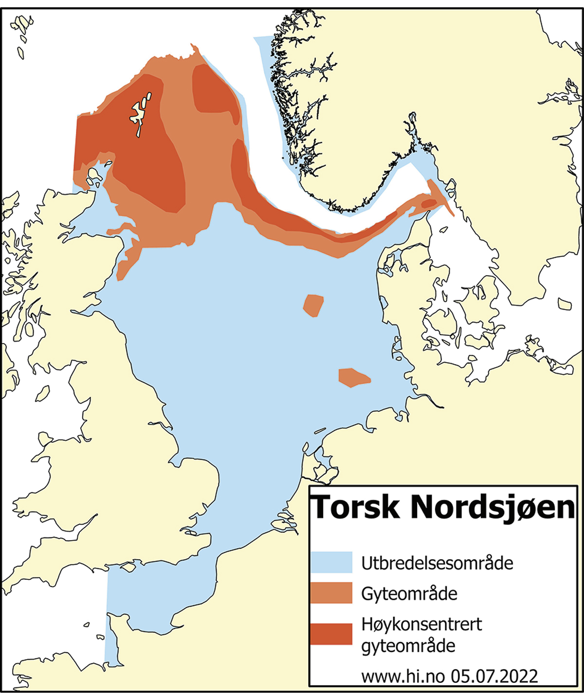 Figur 4.46 Områdeinndeling for underbestandar av torsk i Nordsjøen, i Skagerrak, i austdelen av Den engelske kanalen og vest for Skottland.