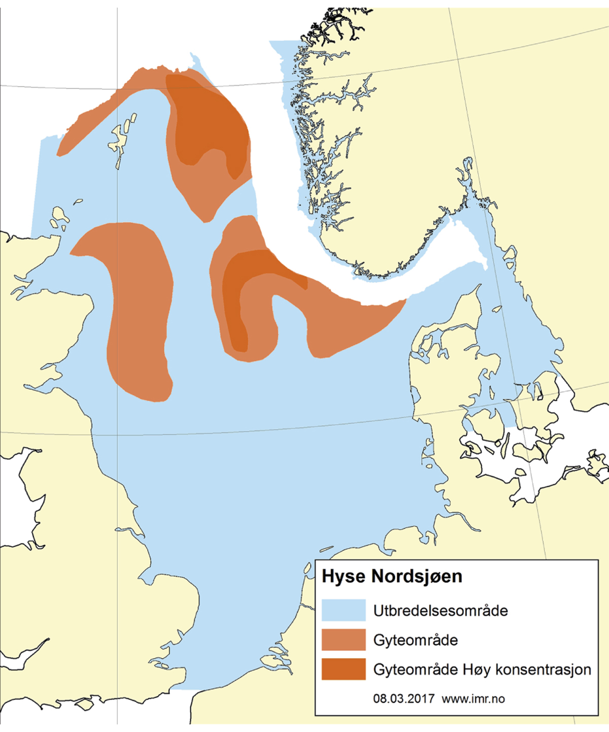 Figur 4.49 Utbreiingsområde og gyteområde for hyse i Nordsjøen, Skagerrak og vest for Skottland.