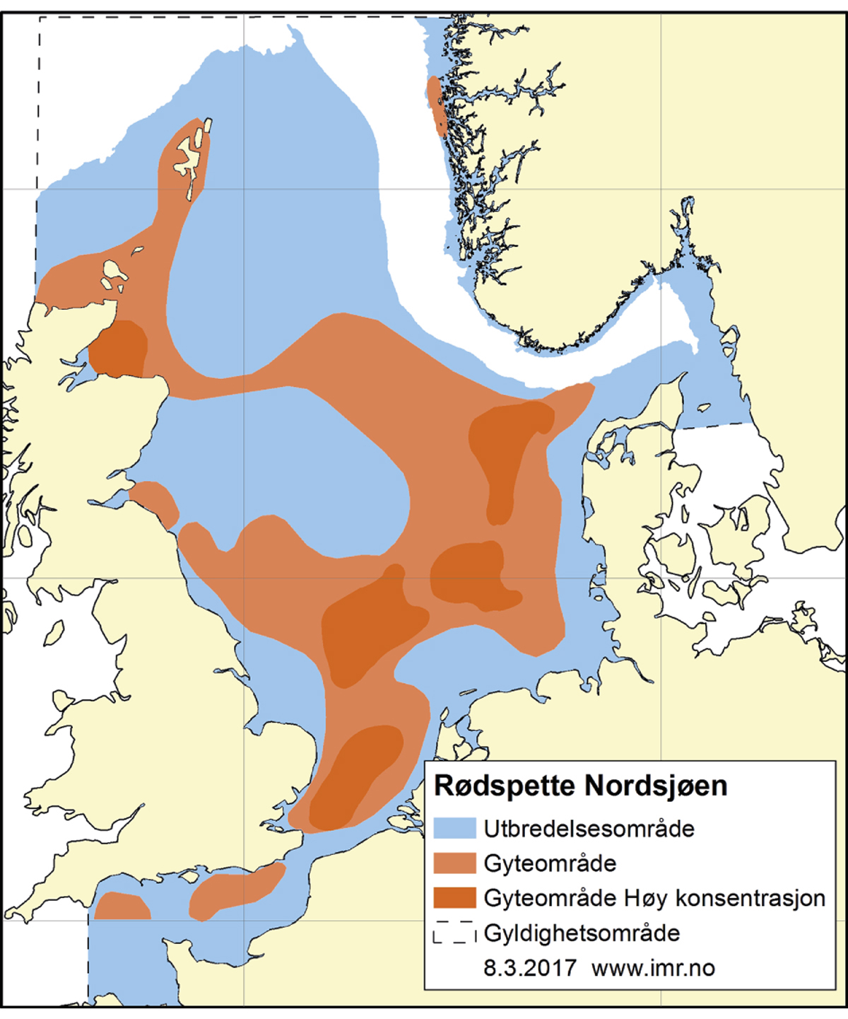 Figur 4.55 Utbreiingsområde og gyteområde for raudspette i Nordsjøen og Skagerrak.