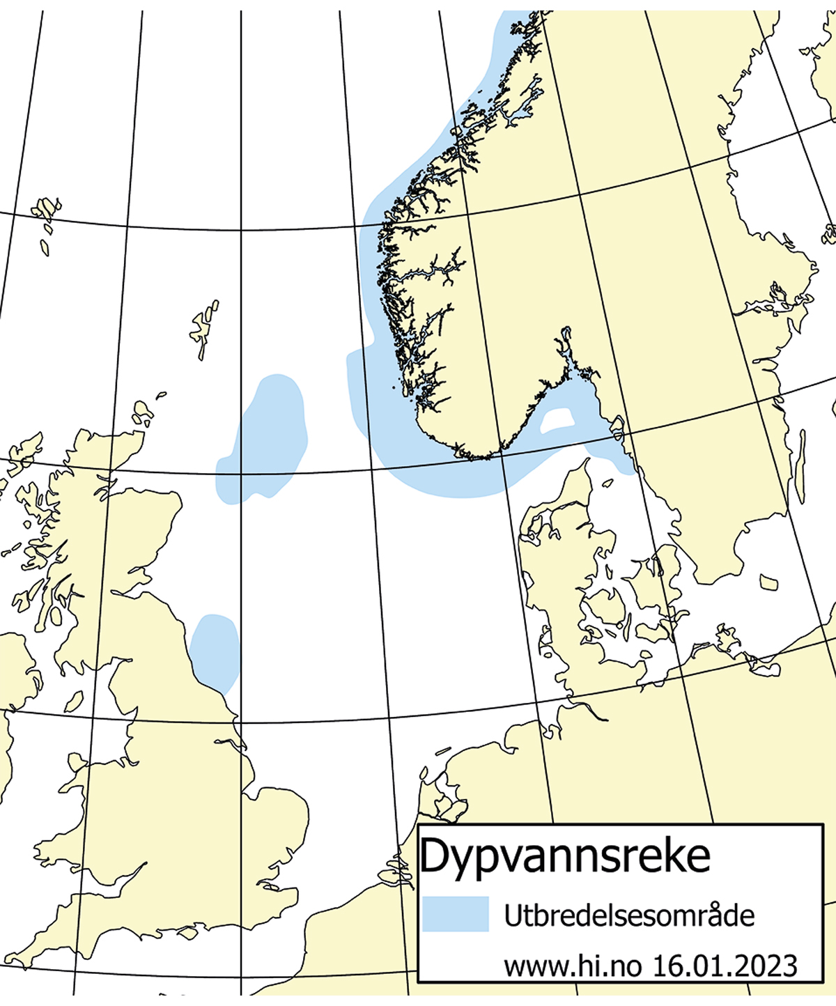 Figur 4.58 Utbreiingsområde og gyteområde for reke i Skagerrak.