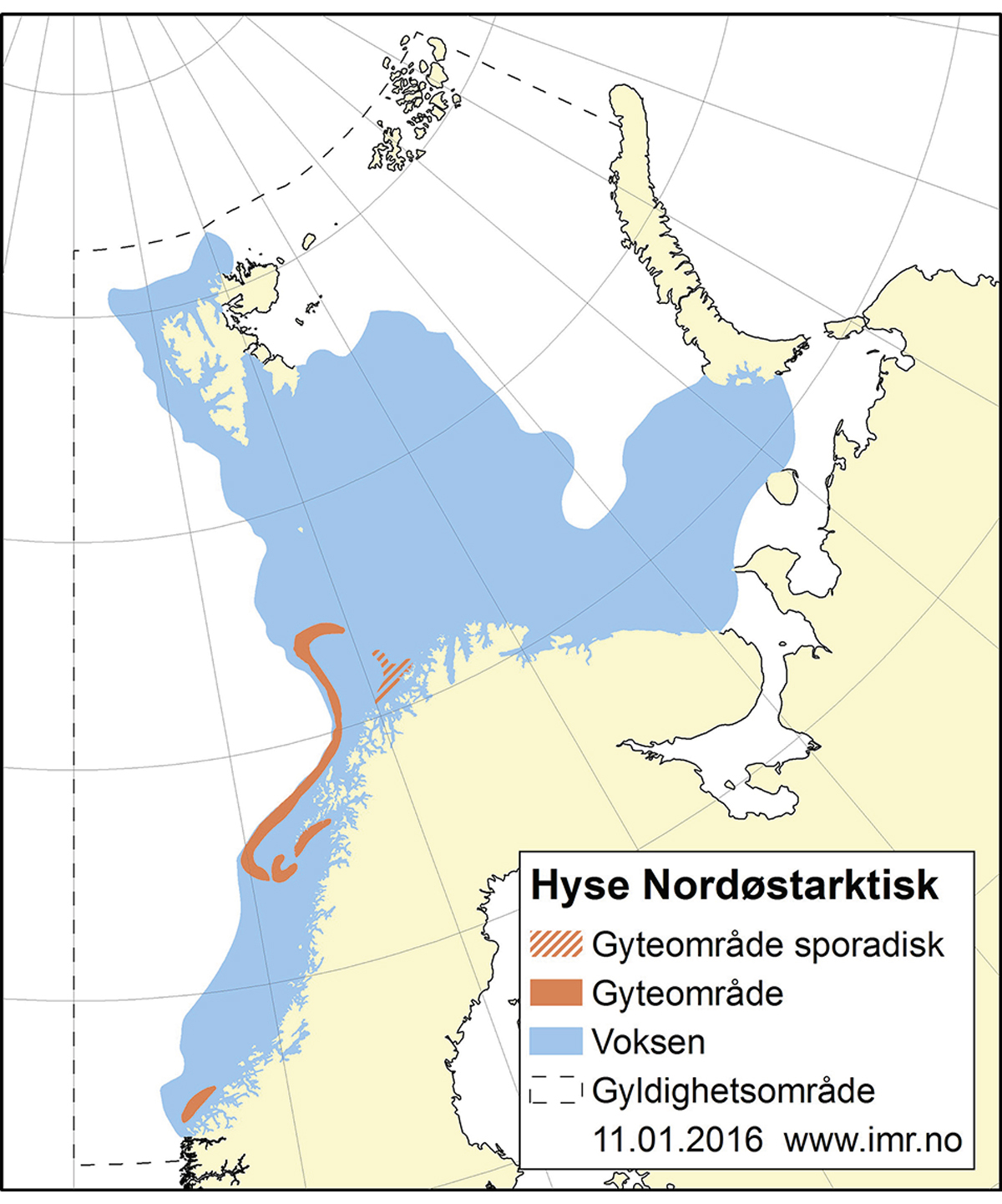 Figur 4.9 Utbreiingsområde og gyteområde for nordaustarktisk hyse.