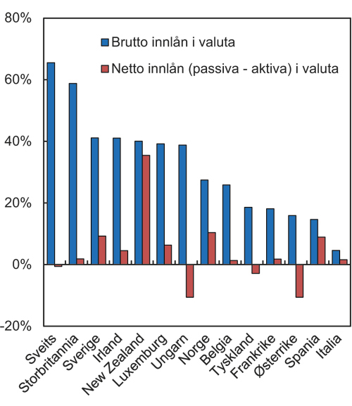 Figur 8.9 Andelen av bankenes passiva i valuta og andelen passiva fratrukket aktiva ved utgangen av 2007