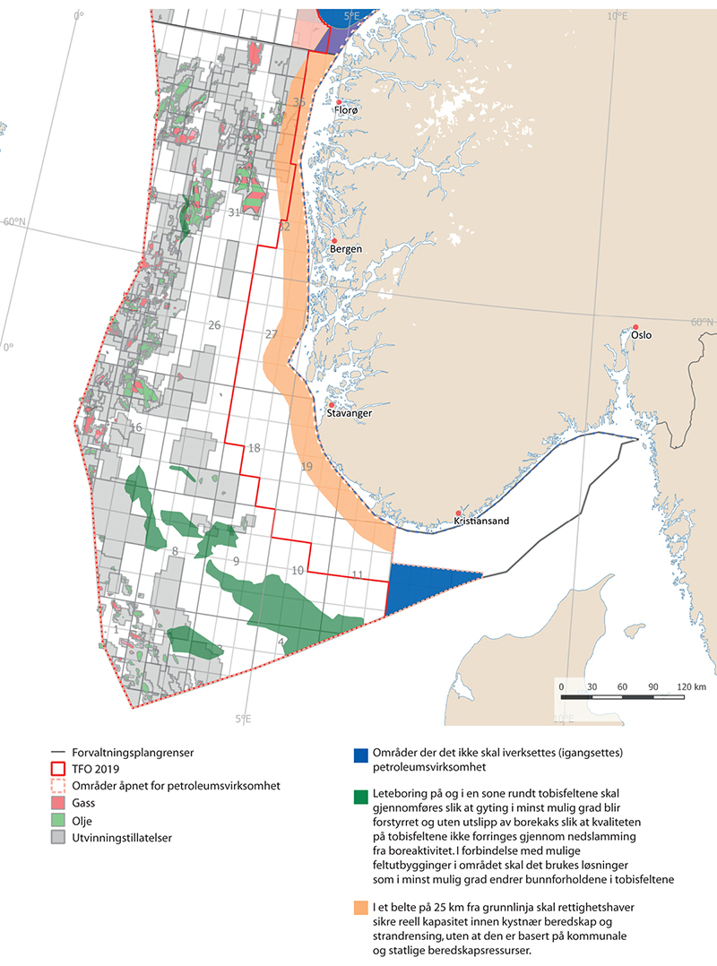 Figur 9.3 Områdespesifikke rammer for petroleumsvirksomhet i Nordsjøen–Skagerrak.
