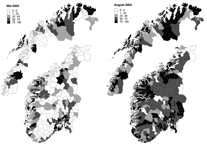Figur 3.1 Estimert bredbåndsdekning, august 2004 i forhold til
mars 2003.