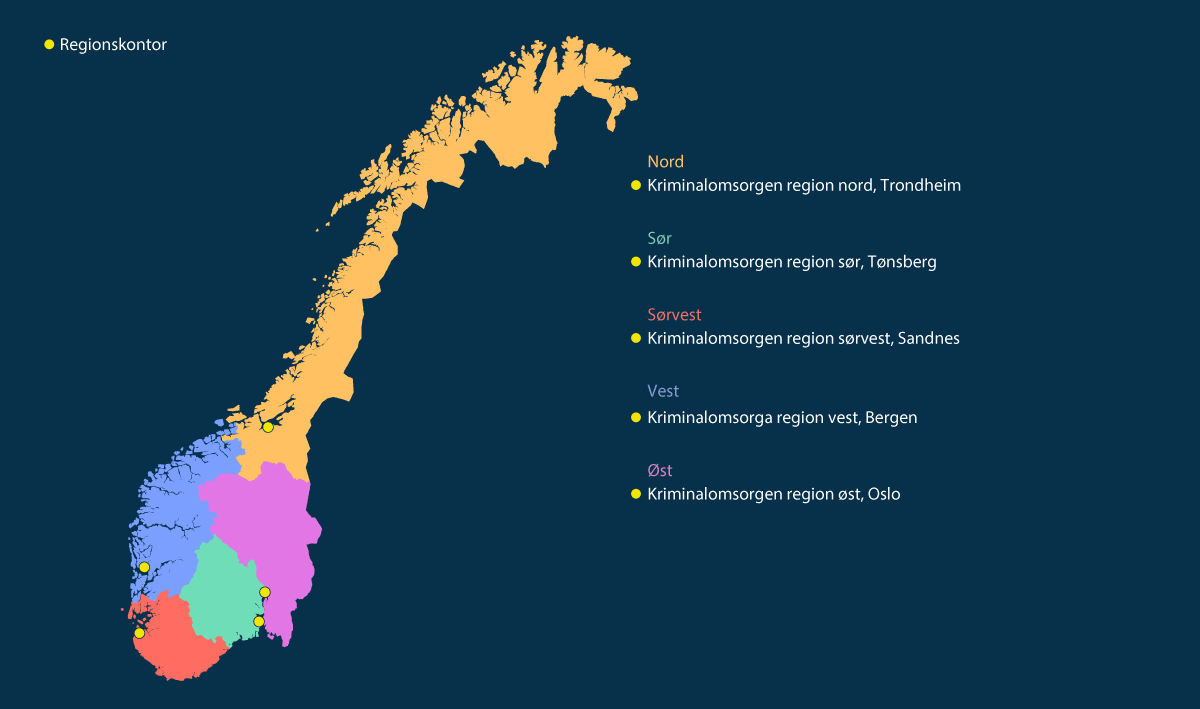 Figur 2.2 Kriminalomsorgens regioner og regionskontorer.