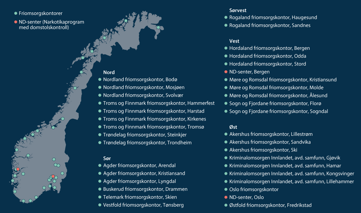 Figur 2.5 Friomsorgskontorer og senter for narkotikaprogram med domstolskontroll.