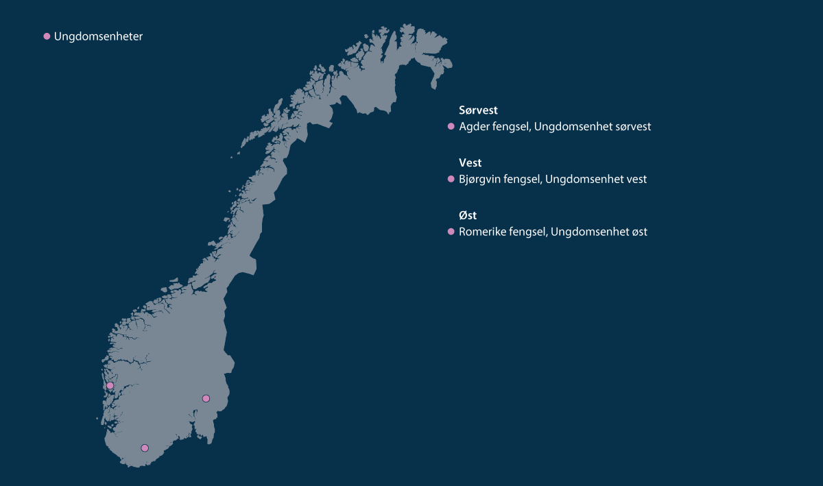 Figur 8.2 Oversiktskart over ungdomsenheter per juni 2025.