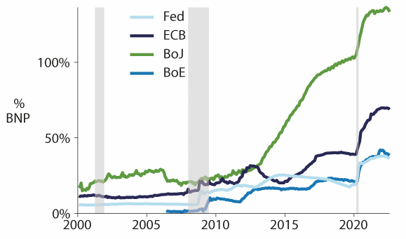 Figur 9.15 Sentralbankens balanse som andel av eget lands BNP