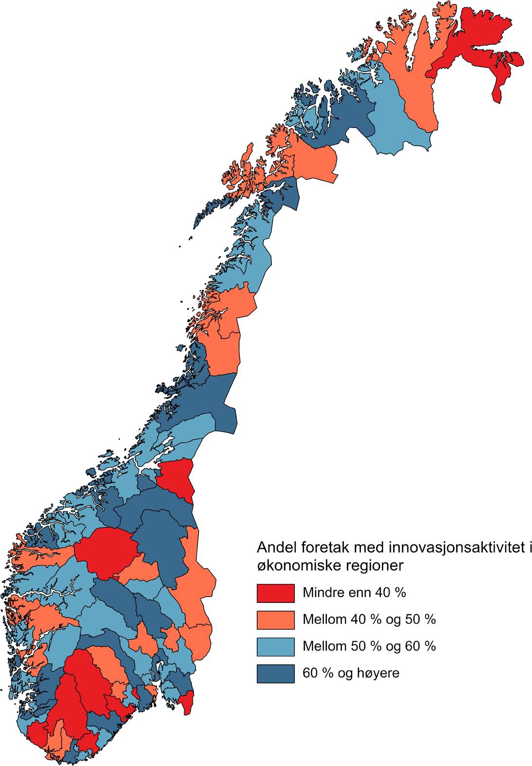Andel foretak med innovasjonsaktivitet etter økonomiske regioner. 2020–2022.
