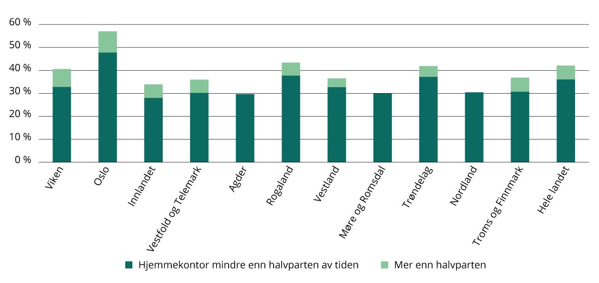 Andel med hjemmearbeid totalt, og andel som arbeider hjemme mindre eller mer enn halvparten av arbeidstiden, etter arbeidssted. 2024.