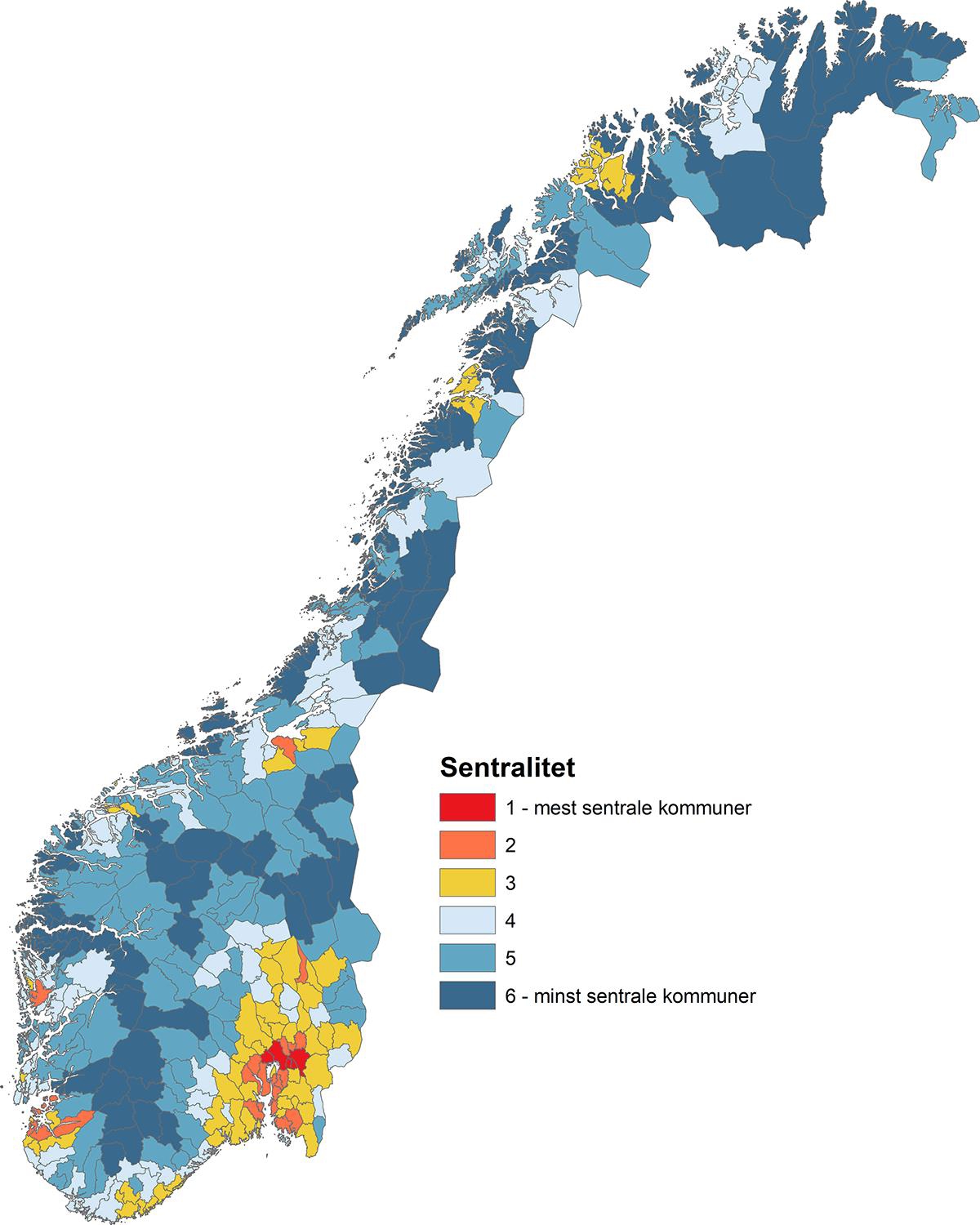 Kart med fargekoding av kommuner etter sentralitet.
