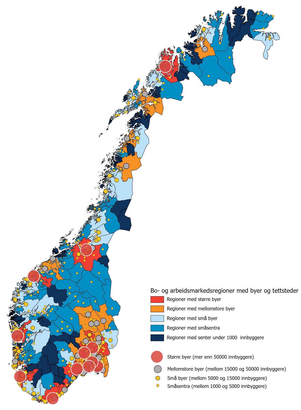 Bo- og arbeidsmarkedsregioner med byer og tettsteder. 2024.