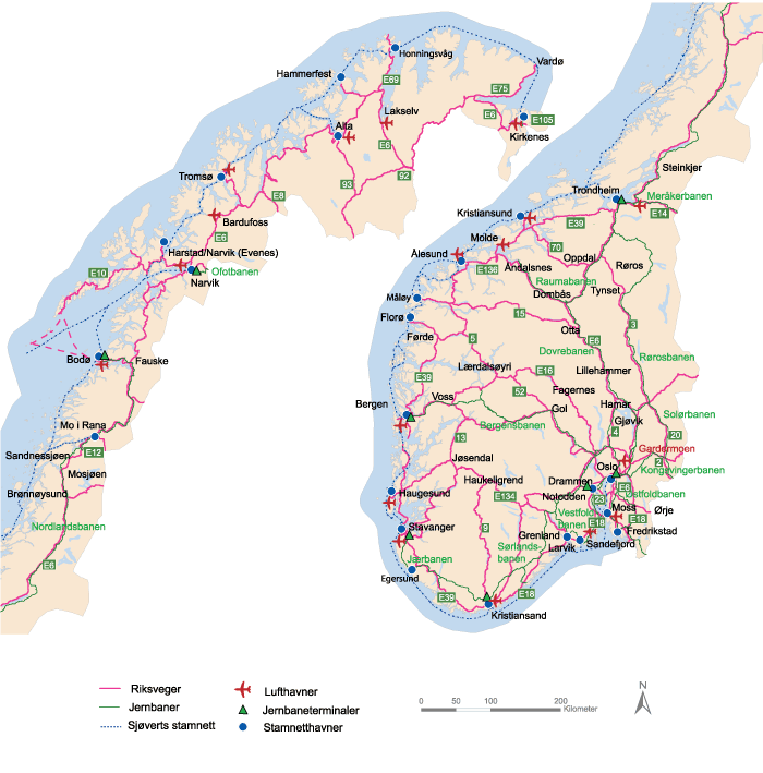 Figur 10.1 Det nasjonale transportnettet – alle transportformer