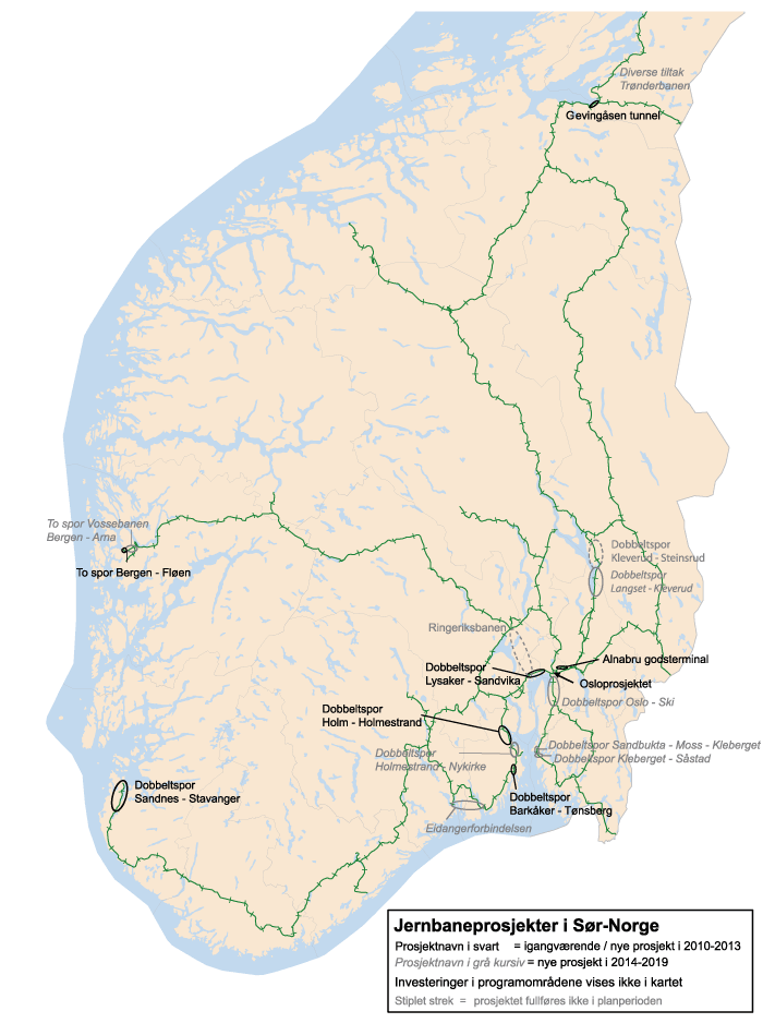 Figur 10.15 Store jernbaneinvesteringer i Sør- Norge 2010–2019