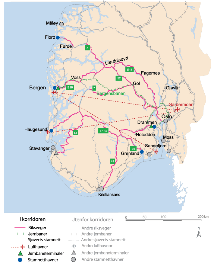 Figur 10.25 Korridor 5 OsloBergen/Haugesund med arm via Sogn til Florø