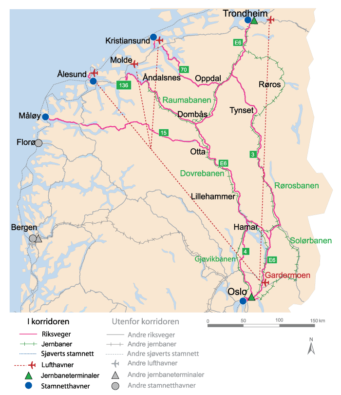 Figur 10.27 Korridor 6 OsloTrondheim med armer til Måløy, Ålesund og Kristiansund