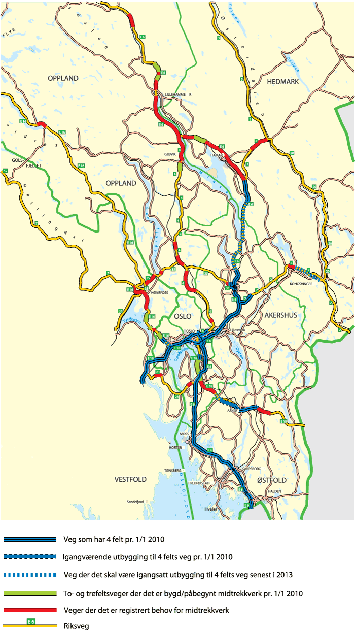 Figur 11.3 Kart over strekninger med møtefri trafikk og registrerte behov for midtdeler for Oslo, Akershus, Østfold, Hedmark og Oppland