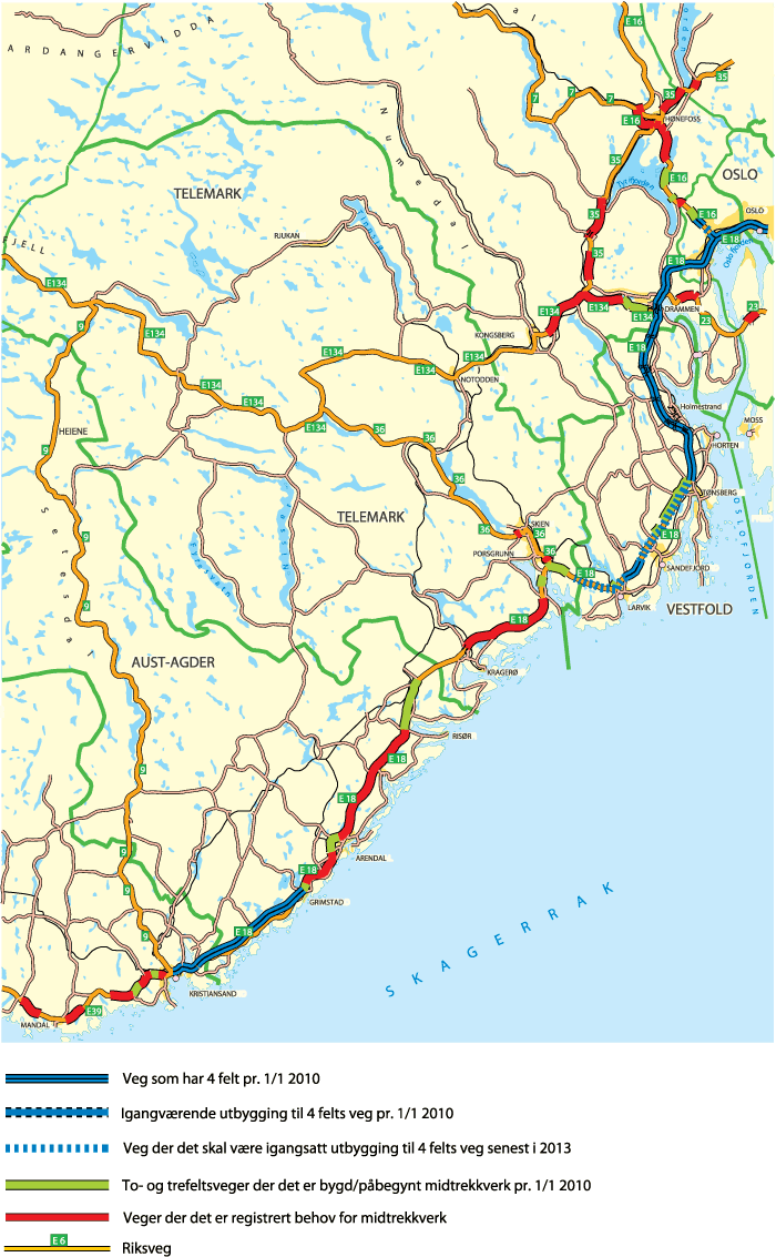 Figur 11.4 Kart over strekninger med møtefri trafikk og registrerte behov for midtdeler for Buskerud, Telemark, Vestfold og store deler av Agderfylkene