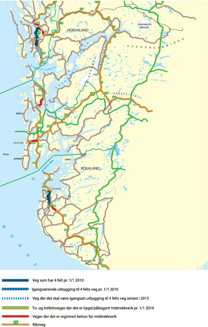 Figur 11.5 Kart over strekninger med møtefri trafikk og registrerte behov for midtdeler for Rogaland og Hordaland