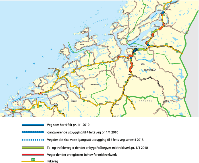 Figur 11.6 Kart over strekninger med møtefri trafikk og registrerte behov for midtdeler for Møre og Romsdal og store deler av Trøndelagsfylkene